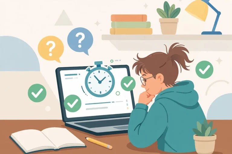 Flat illustration of a student taking an online quiz on a laptop with a timer and checkmarks