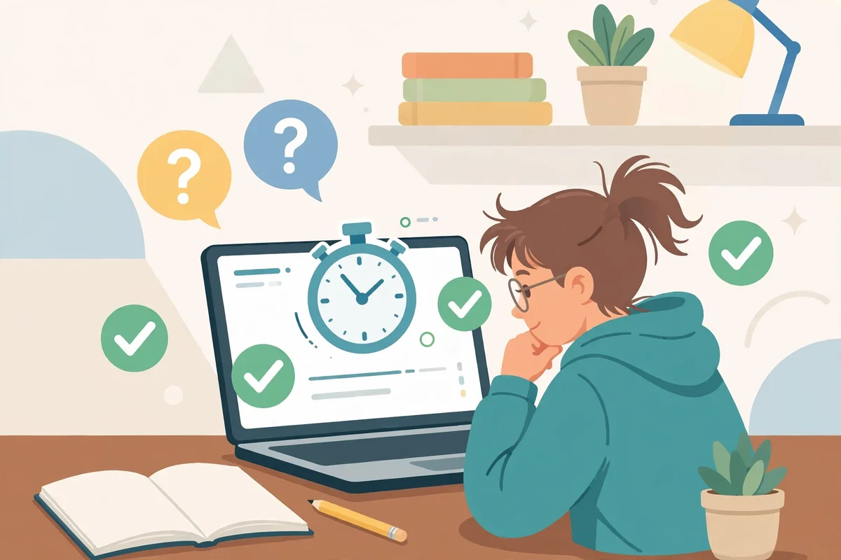 Flat illustration of a student taking an online quiz on a laptop with a timer and checkmarks
