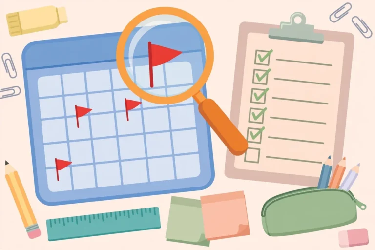 Flat illustration of a calendar with flagged overdue tasks and a checklist under a magnifying glass