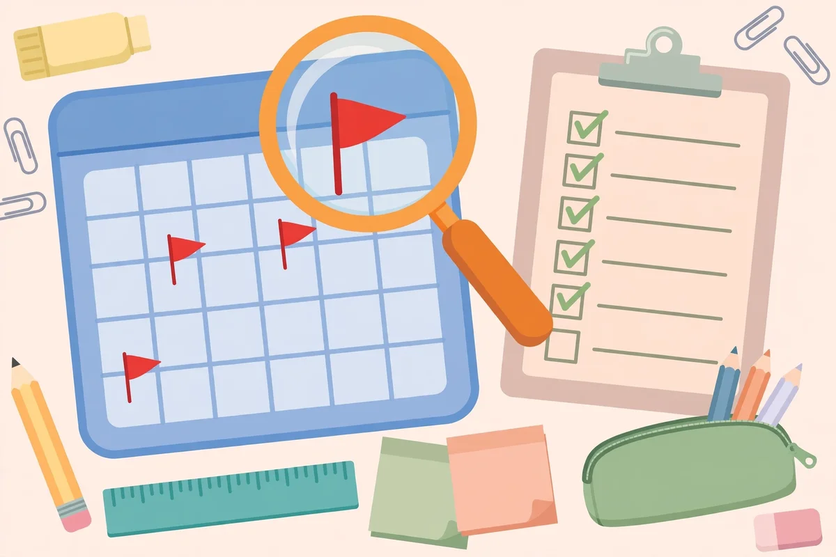 Flat illustration of a calendar with flagged overdue tasks and a checklist under a magnifying glass