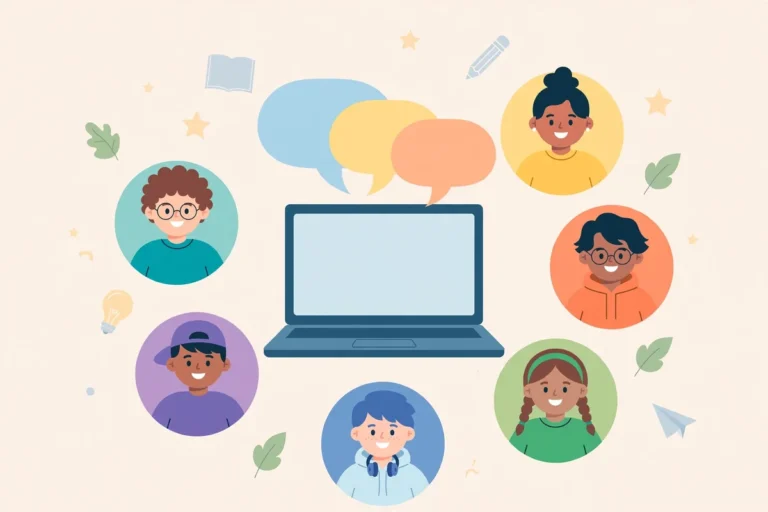 Flat illustration of students' avatars around a laptop with speech bubbles showing an online class discussion