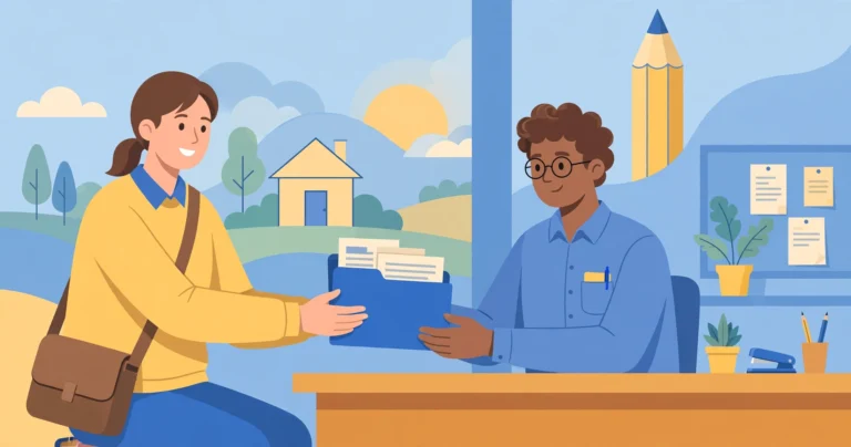 Parent handing a school enrollment folder to an office administrator at a school desk