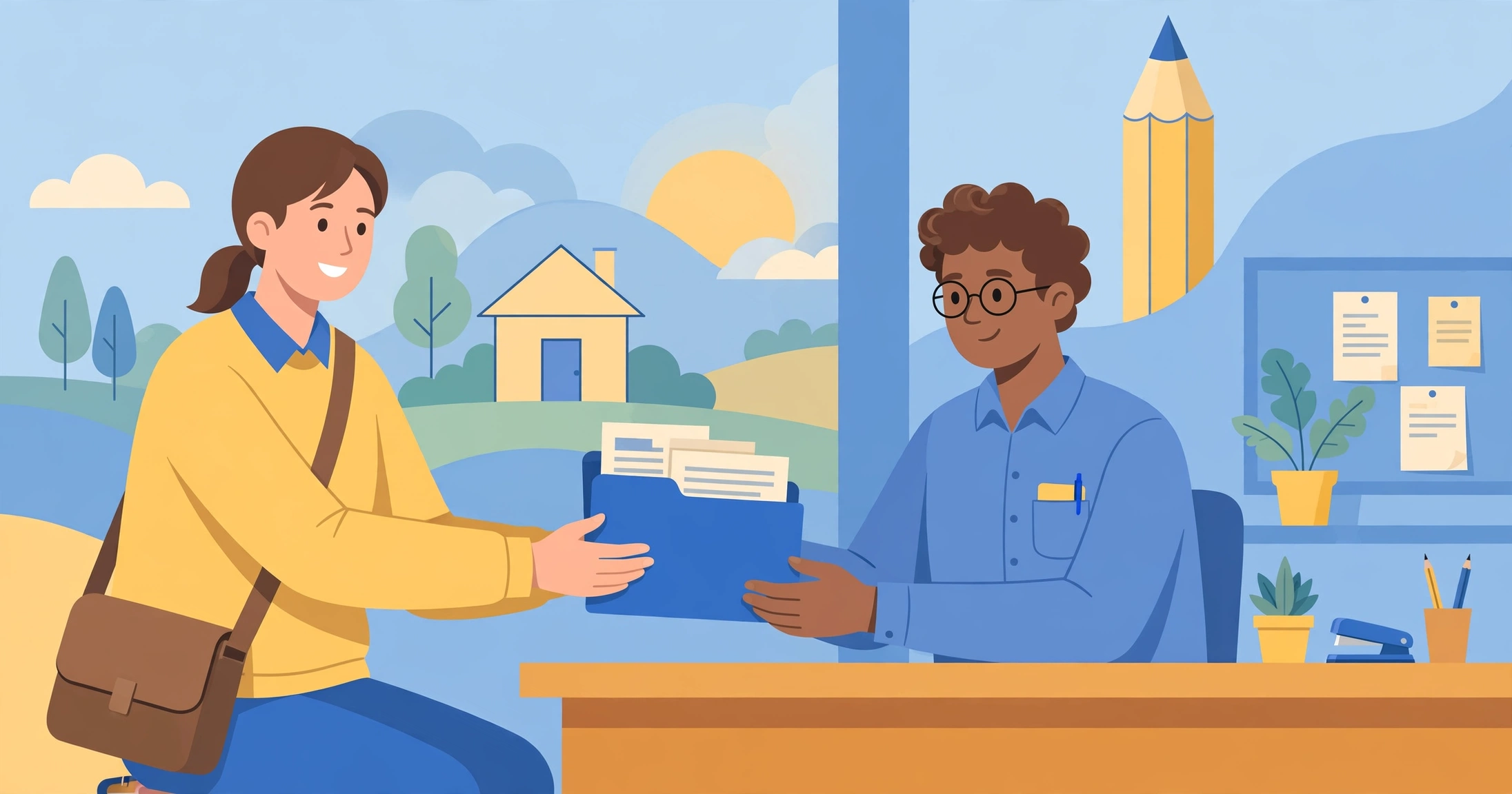 Parent handing a school enrollment folder to an office administrator at a school desk