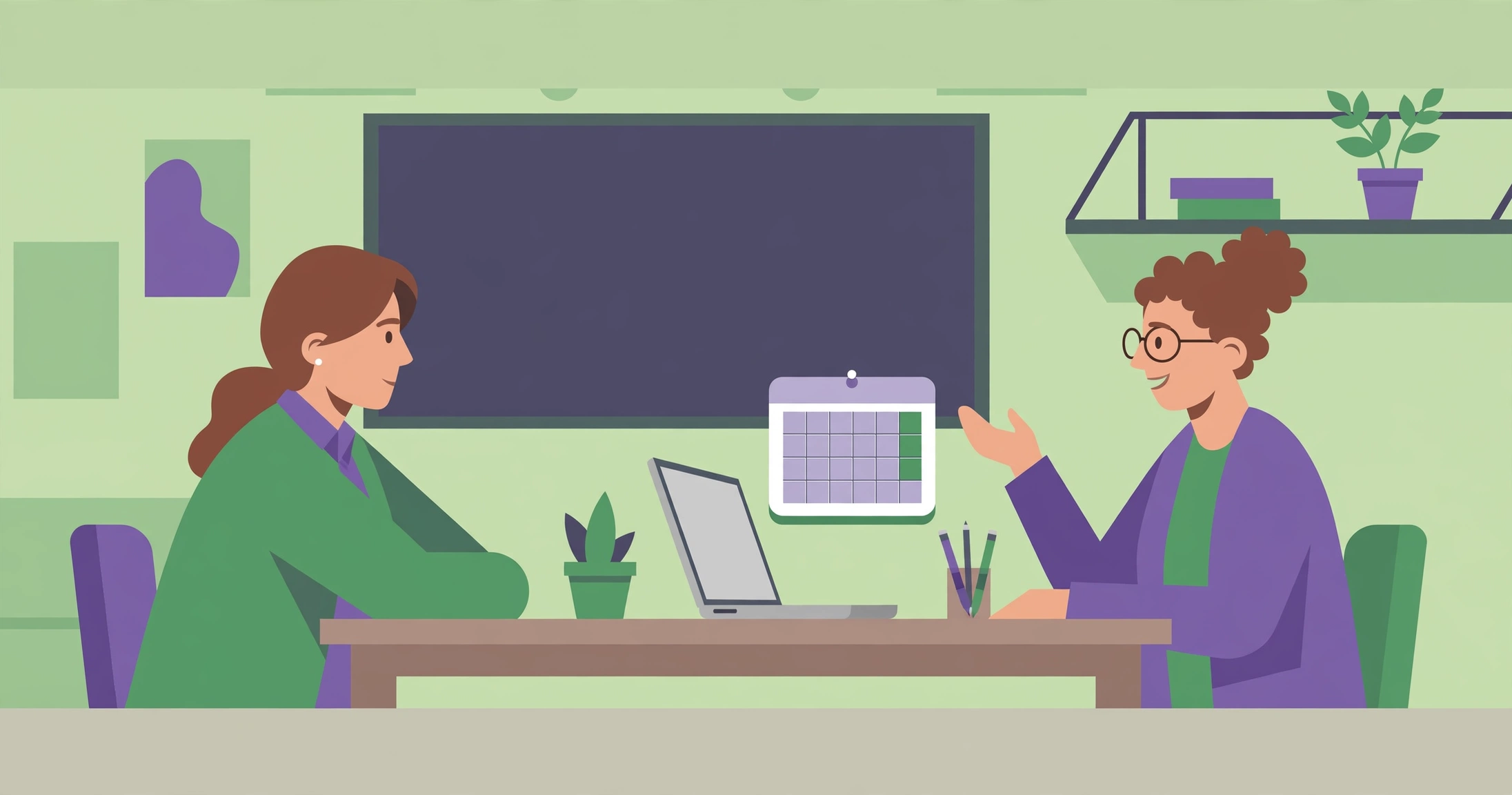 Parent and teacher talking across a desk in a classroom with a calendar and laptop