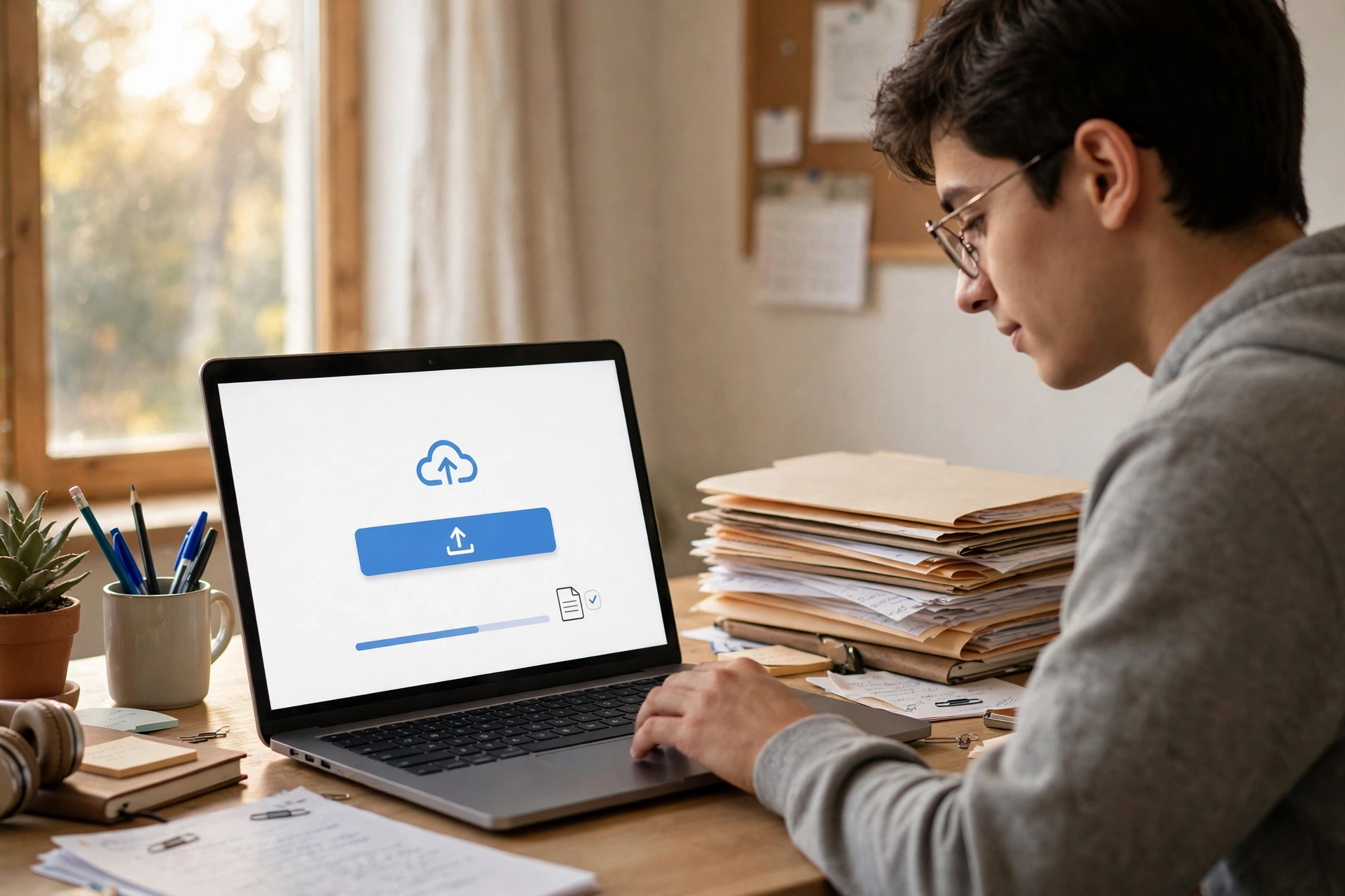 Student uploading school assignment files on a laptop at a home desk, papers stacked beside it