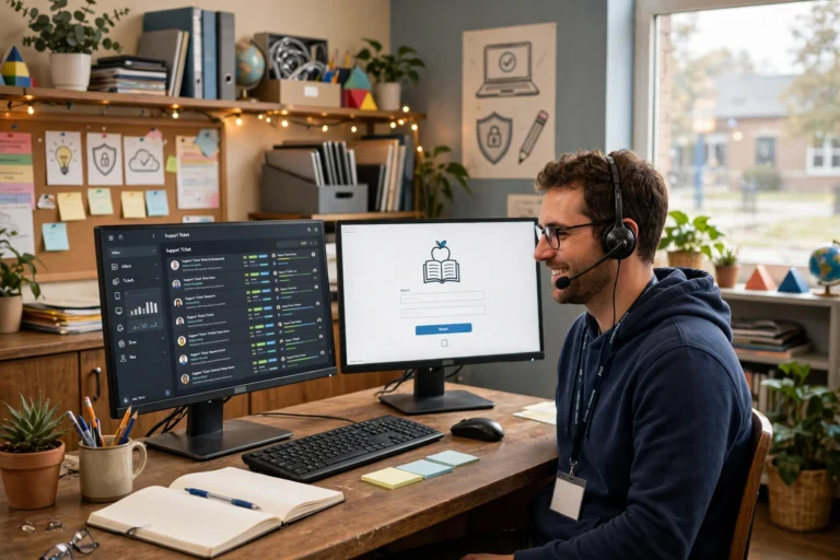 School district tech support agent with headset helping at a dual-monitor workstation