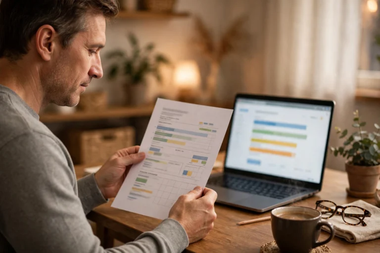 Parent reviewing a printed school grades report with a laptop grades dashboard behind
