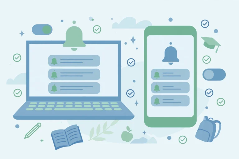 Flat illustration of a laptop and smartphone showing notification bell icons with toggle switches, surrounded by education icons
