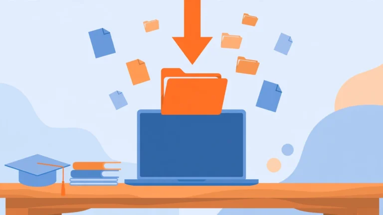 Flat illustration of a laptop with a folder, floating document files, and a large download arrow, with a graduation cap and books on a desk