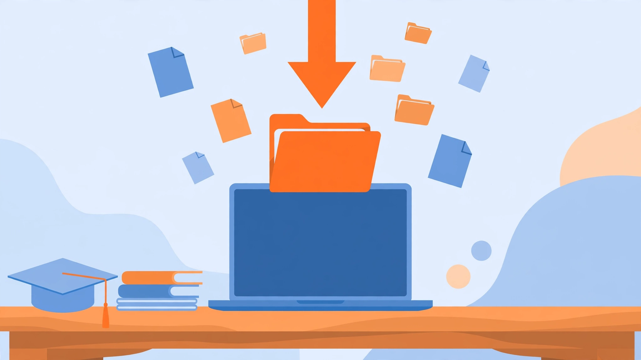 Flat illustration of a laptop with a folder, floating document files, and a large download arrow, with a graduation cap and books on a desk