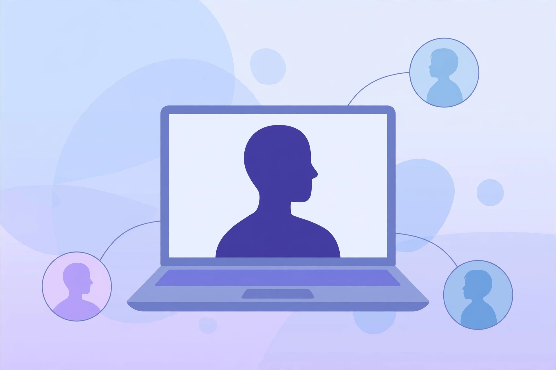 Flat illustration of a parent profile silhouette on a laptop screen connected by lines to three smaller child profile icons